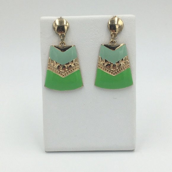 Mint Green ENAMELED Gold Tone Summer Dangle Post Pierced EARRINGS - Picture 2 of 6